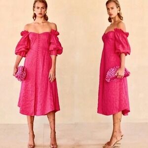 Cult Gaia Simona Dress Dragonfruit Pink Off Shoulder Puff Sleeve Midi Size 6 NWT